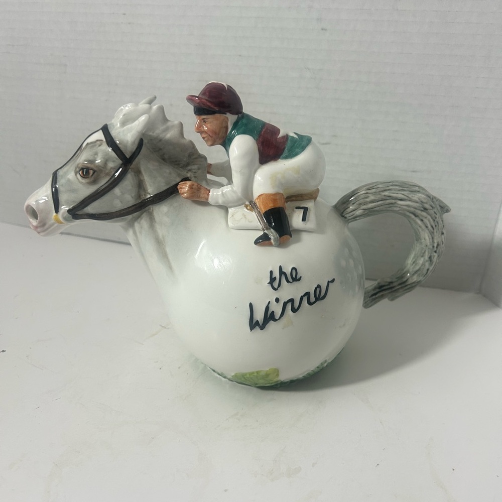 VTG Staffordshire England Ceramic Horse and Jockey Teapot The Winner